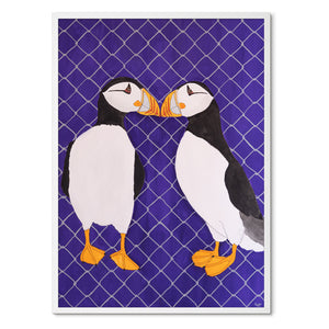 Purple Puffins<br>50x70 cm.<br>Akvarel<br>Originalt værk